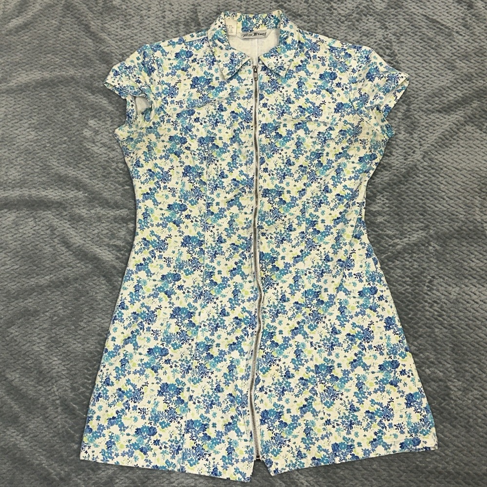 Vintage Paris Blues Denim Dress Medium Floral Full Zip Up Retro Y2K Midi Spring - Picture 7 of 9